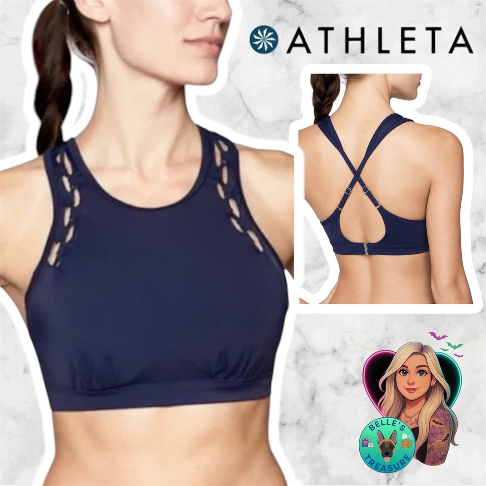 Athleta Navy Blue Lattice High‎ Neck Underwire Bikini Top 34B 34C Swimsuit Bra